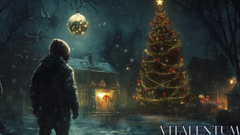 Child observing illuminated outdoor Christmas tree at night.