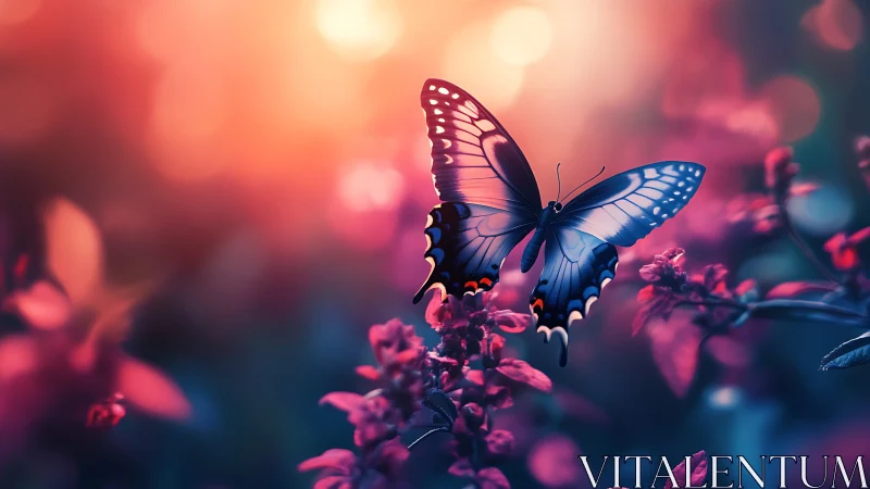 Graceful blue butterfly drifting through glowing garden light.