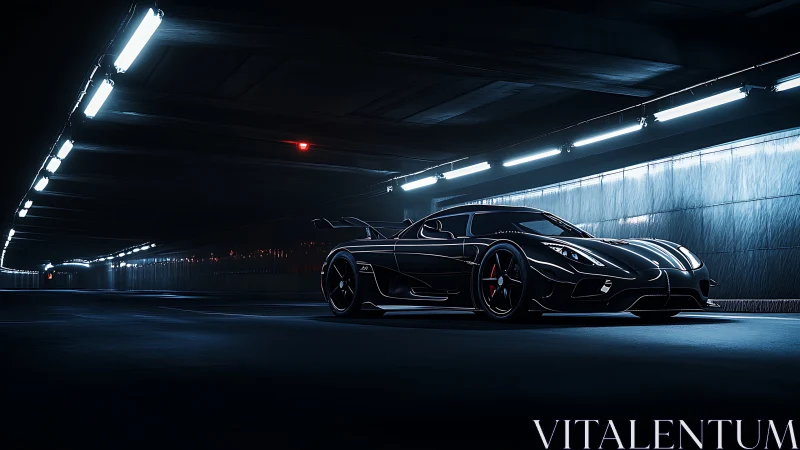 Sleek black hypercar waits under neon tunnel lights.