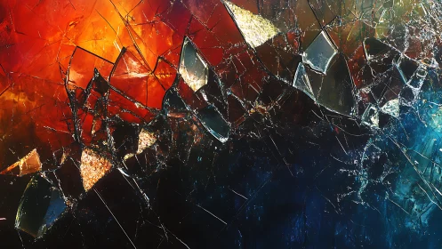 Abstract shattered glass art with vibrant fiery and dark hues.