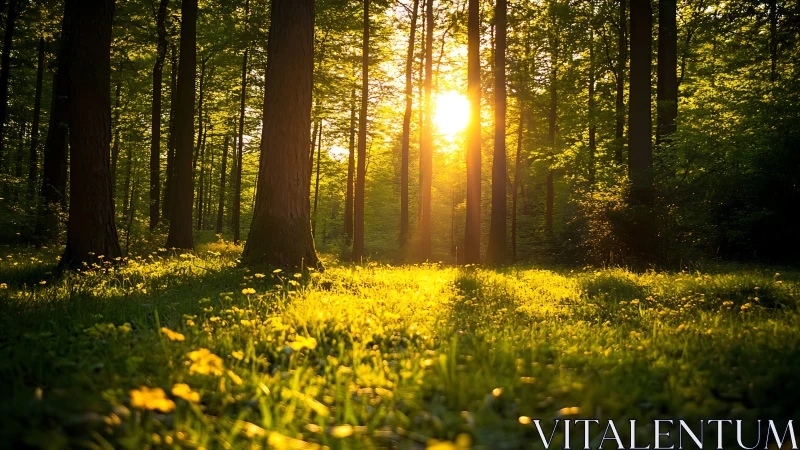 Sunlit forest clearing with tall trees in serene morning light.