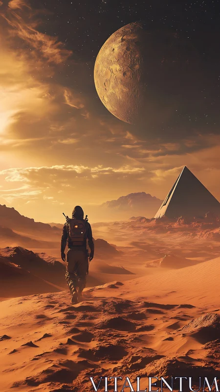 Astronaut crossing alien desert toward monolithic pyramid.