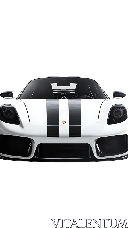 White sports car front view shows bold racing stripe design
