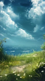 Wildflowers lean toward the sea while bright clouds wander