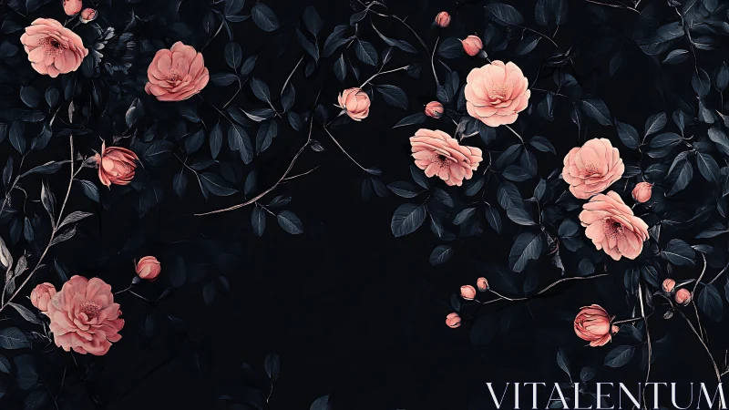Dark Floral Roses with Blush Pink Blooms Against Deep Black.