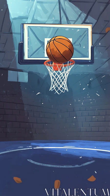 Basketball hangs on the rim in a quiet indoor court moment