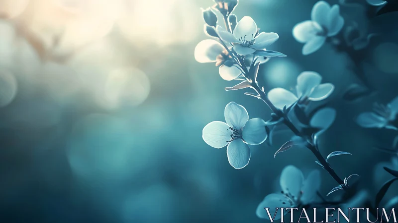 Delicate blossoms glowing against deep teal bokeh.