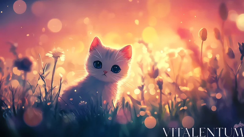 White Kitten in Golden Field with Bokeh Lights