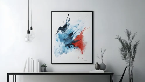 Abstract Watercolor Art in Modern Minimalist Living Room Setting.