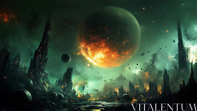 Burning world ascends above shattered alien spires in ruin.