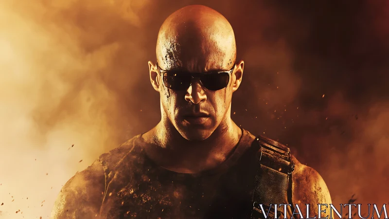 Bald armored combatant emerging through incendiary dust field.