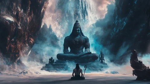 Meditating ascetic confronts colossal Shiva statue in icy canyon