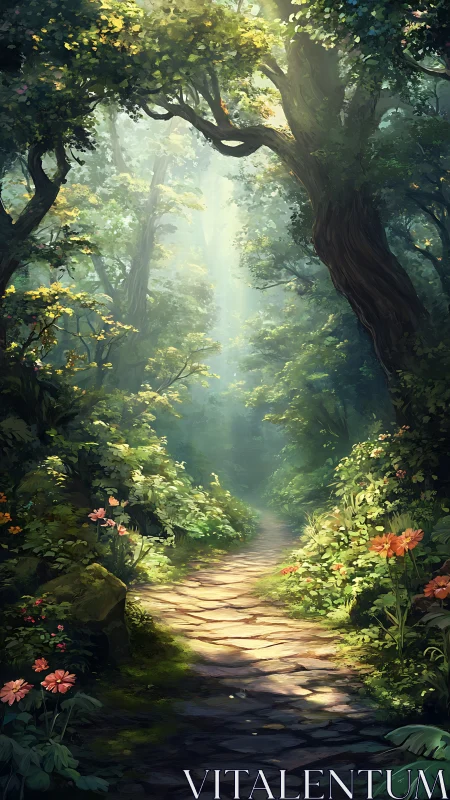 Luminous forest pathway through ancient trees with filtered sunlight.