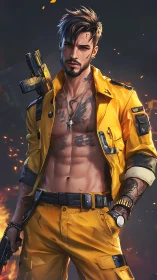 Armored mercenary in yellow tactical gear amid burning debris