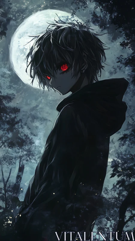 Red-eyed nocturnal figure under moonlit forest canopy.