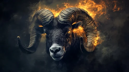 Flaming ram portrait isolates sculpted horns in infernal chiaroscuro