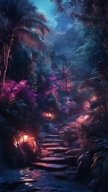 Nocturnal jungle stairway in luminous digital painting style.