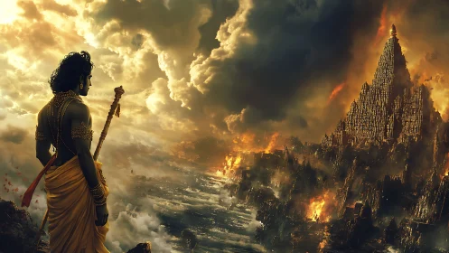 Mythic figure observing burning coastal citadel panorama.