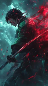 Vengeful anime swordsman ignites crimson power amid storm