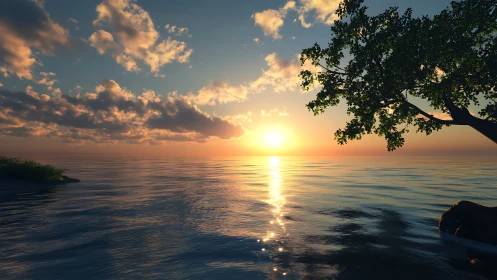 Golden shoreline sunset with calm water and quiet sky.