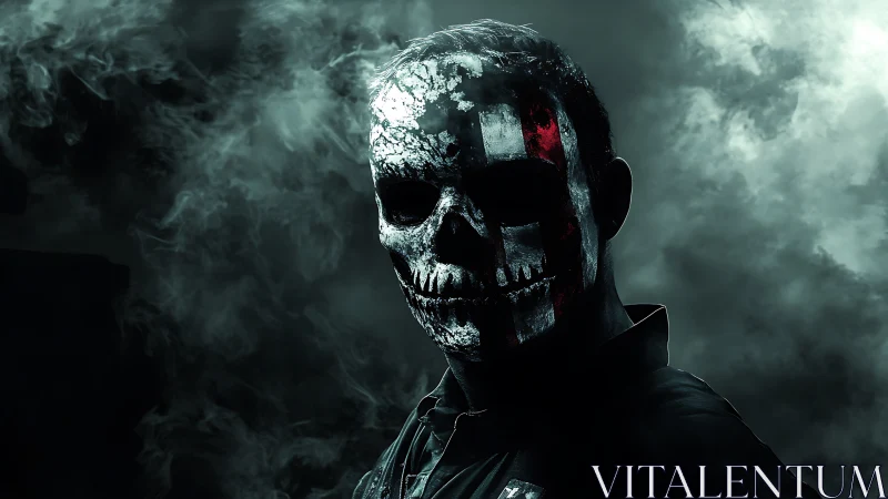 Skull-painted soldier in smoky moody dramatic portrait.