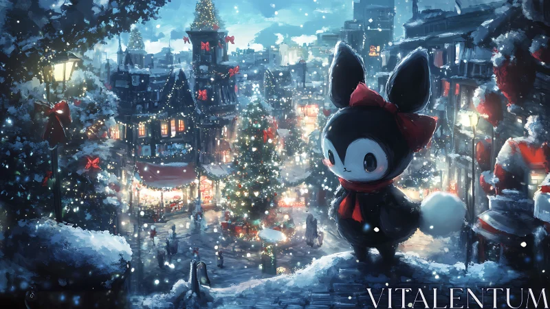 Snow-covered town square with large bow-wearing creature.