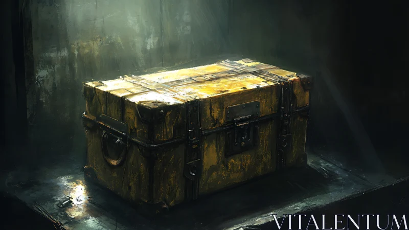 Weathered yellow metal chest under harsh spotlight in dark room.