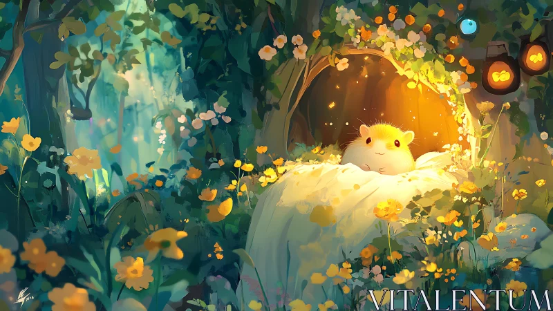 Small creature rests in illuminated forest hollow at night