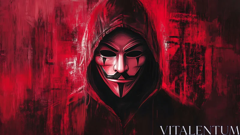 Crimson hacker specter in a gleaming mask of quiet revolt.