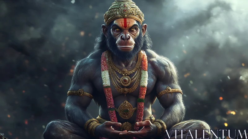 Mythic monkey warrior in jeweled regalia sits in meditation.