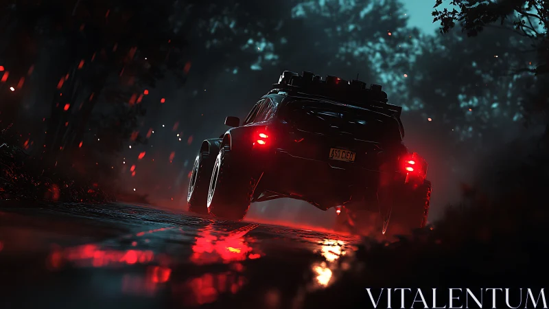 Off road night drive glowing with bold red reflections.