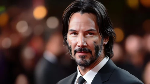 Red carpet glow wraps a poised tuxedoed figure in bokeh light