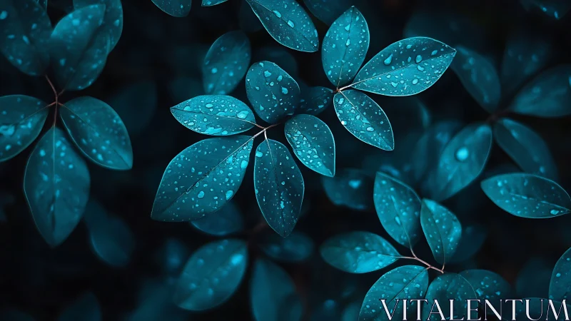 Glistening teal leaves resting softly after gentle rain.
