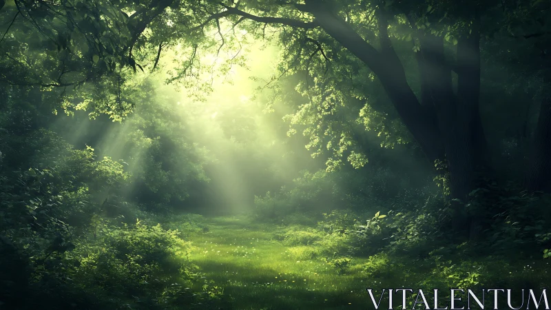 Sunlit forest clearing with lush greenery in dreamy light.