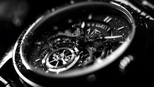 Luxury mechanical watch macro shot with water droplets, dramatic lighting.