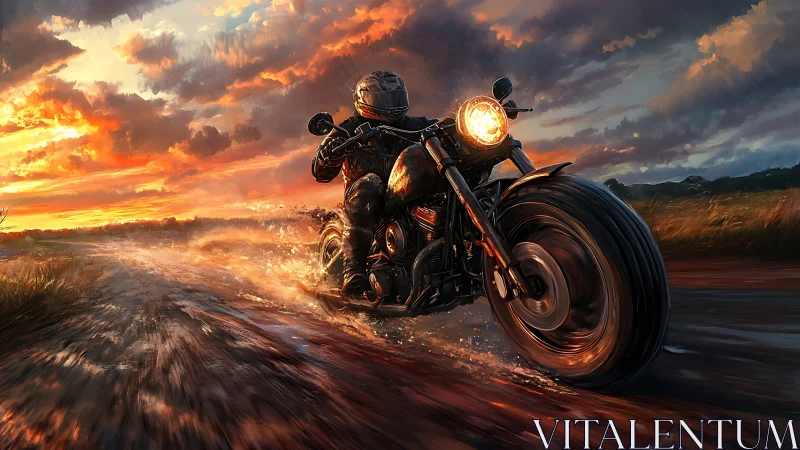 Dynamic low-angle motorcycle sprint under high-contrast sunset sky