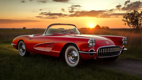 Red classic convertible parked in field at vivid sunset.