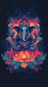 Radiant blue Ganesha meditating above a cosmic lotus bloom.