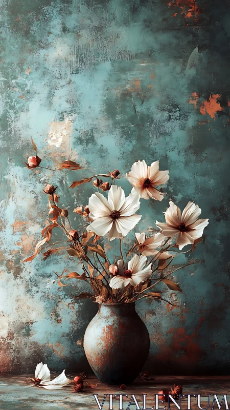 Floral Arrangement in Weathered Vessel Against Textured Surface.