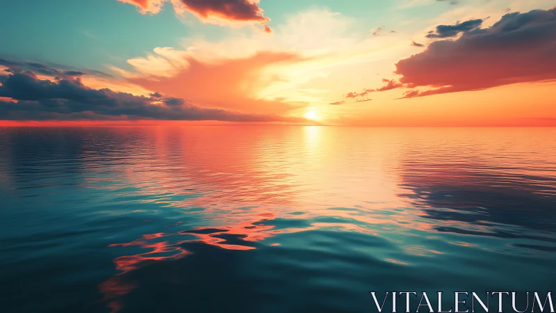 Sunset over calm ocean horizon with reflective cloud bands.