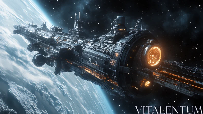 Titan-class star cruiser orbits Earth with blazing engine core