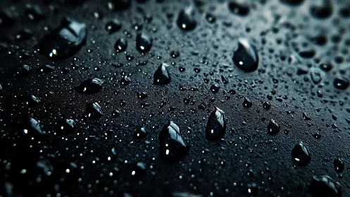 Water droplets rest on dark textured surface in macro view