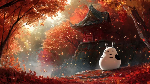 Autumn forest shrine with stylized creature in foreground.