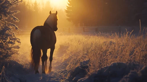 Backlit chestnut horse on frosted winter path at sunrise