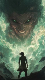 Lone warrior confronts colossal storm spirit with glowing eyes.