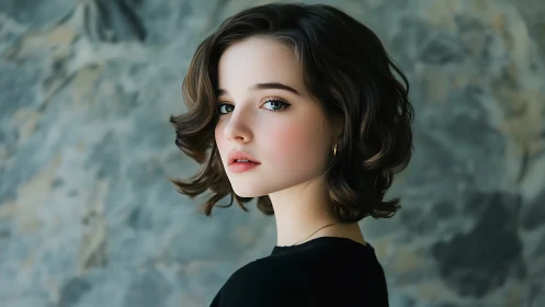 Side portrait of young woman with short wavy hair.