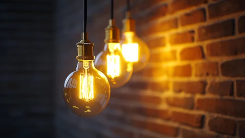 Edison filament bulbs cast warm light on brick wall