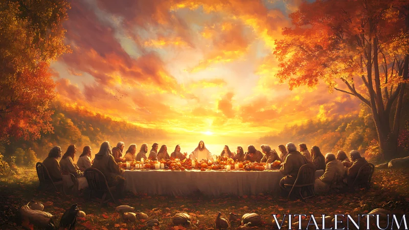 Group seated at outdoor harvest table under dense sunset sky