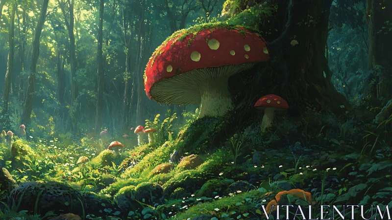 Sunlit forest glade with towering red fairy mushrooms.