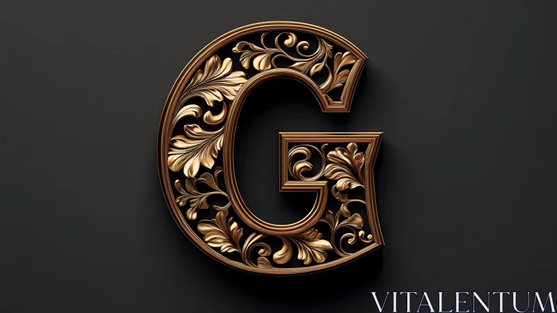 Ornate Golden Letter G with Baroque Floral Design on Black Background. Ornate Golden Letter G with Baroque Floral Design on Black Background.
